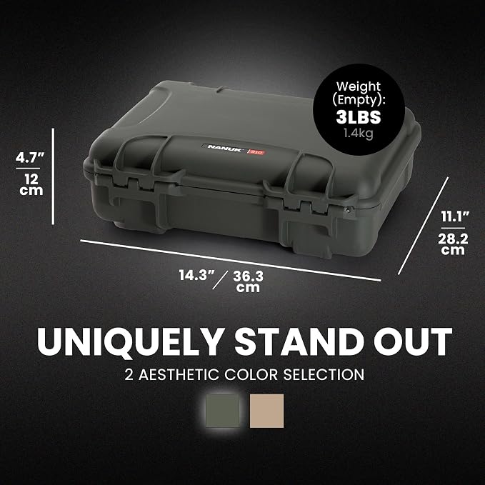NANUK 910 Hard Case with Customizable Cubed Foam, IP67 Waterproof, Dustproof and Impact Resistant, 14.3” x 11.1” x 4.7”, Rugged Construction for Ultimate Protection, Made in Canada - Olive