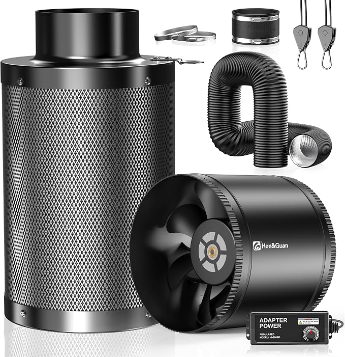 Hon&Guan 8" Air Filtration Kit: 8 Inch Inline Duct Fan with Speed Controller, 16" High Carbon Filter, 16 Ft Ducting & Rubber Coupler, Ventilation System for Grow Tents, Indoor Gardening, Hydroponics