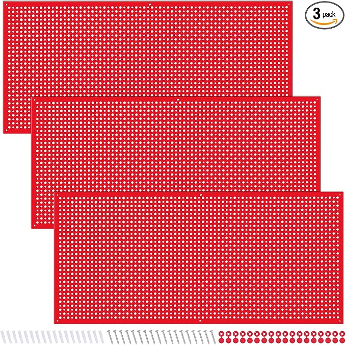 Pegboard Rack Garage Storage Steel Horizontal PegBoard Pack,Steel Pegboard Heavy Duty- 3 Pack 16-Inch X 36-Inch Metal Peg Board Tool Organization Panels (Red)
