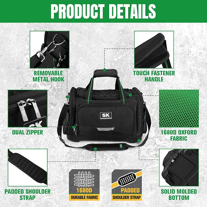 SK 21-Inch Heavy Duty Tool Bag, 1680D Fabric with Waterproof Hard Base, Dual Zipper, Padded Shoulder Strap & Touch Fastener Handle, Tool Storage with 50 Pockets, 40 Webbing Loops
