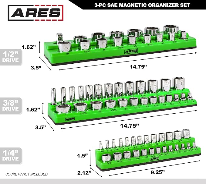 ARES 60037-3-Piece SAE Magnetic Socket Organizers Set - GREEN - Includes 1/4 in, 3/8 in, 1/2 in Socket Holders - Holds 68 Standard (Shallow) and Deep Sockets - Also Available in RED