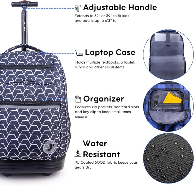 J World Sundance Laptop Rolling Backpack for Girls Boys. Roller Bookbag with Wheels, 20 Inch, Line