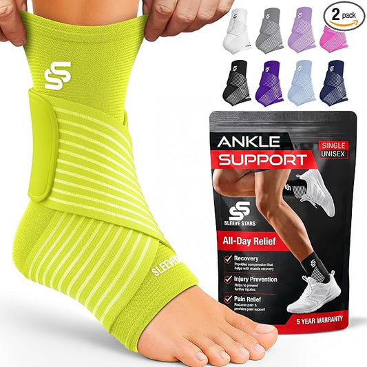 Sleeve Stars Ankle Brace for Women & Men, Ankle Wrap for Sprained Ankle, Compression Sleeve for Plantar Fasciitis Relief, Easy Customizable Support: w/ Removable Strap (Pair/M:10"-12"/Neon Yellow Green)