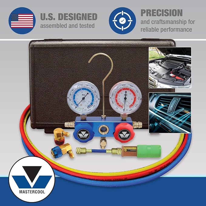 Mastercool 89660-UV Automotive R134a 2-Way Manifold Gauge Set with Mini Dye Injector – U.S. Designed, Assembled, and Tested – Includes 60" Hoses and Manual Couplers