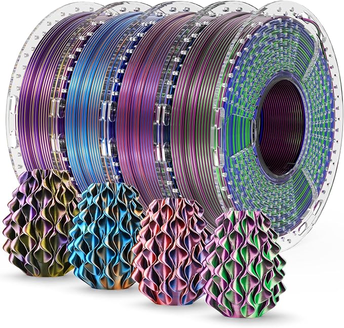 SUNLU Silk PLA+ Filament 1.75mm Multicolor 250gx4, Silky Glossy PLA Plus 3D Printer Filament Bundle for Bambu Lab 3D Printers, BlackGoldPurple+RedYellowBlue+OrangeBlueGreen+BlueGreenPurple