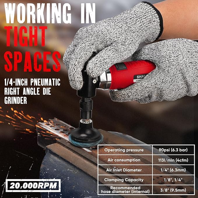 SHALL Right Angle Die Grinder, 90 Degree, 1/4" & 1/8" Collets, 24PCS Sanding Discs, Air Connector, Lubricant and Chuck Key Included, for Grinding, Polishing, Deburring, Engraving and Rust Removal