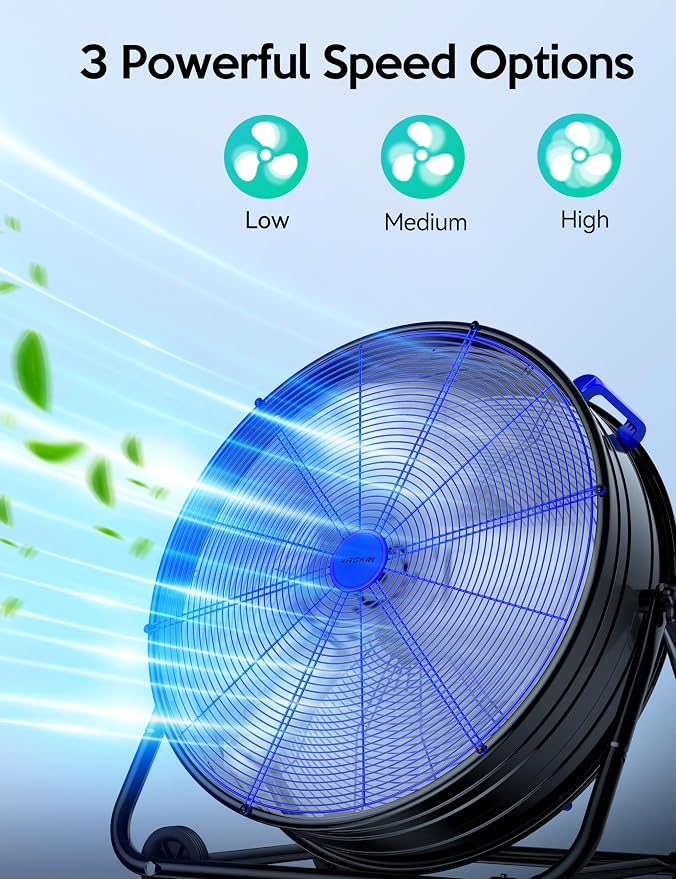 VAGKRI 24 Inch Industrial Drum Fan, 320W High Velocity Floor Fan, 3 Speed Heavy Duty Metal Air Circulator, 360° Tilt with Casters Handle ETL Standard for Patios, Warehouse, Commercial,Basement (Blue)