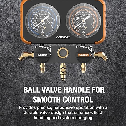 NAVAC N2A4 Manifold Gauge | Class 1.0 Accuracy | Impact-Resistant HVAC Gauge | Aluminum Body and Rubber Cover | Easy-to-Read Analog Display | Folding Hook | 1 Year Warranty