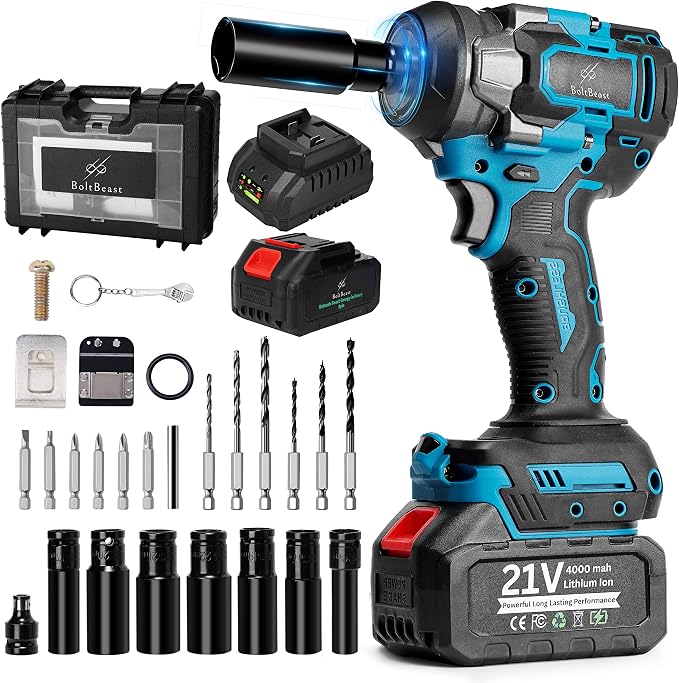 500N.m Brushless Cordless 1/2" Impact Wrench 3500RPM 21V Tool | 21V battery, 4000mAh battery, fast charger, LED work light, 7 sockets, 6 drill bits, 6 screwdrivers, waist hook, storage case
