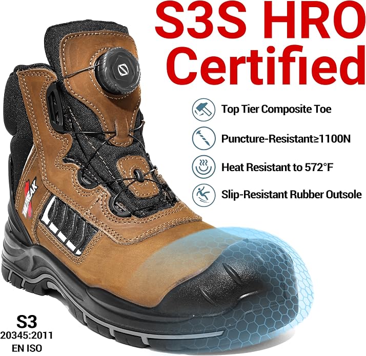 Composite Toe Work Boots for Men and Women – Exceeds Steel Toe Protection, Quick Fit System, Kevlar Puncture-Resistant Midsole, S3 HRO Certified, Heat-Resistant, Waterproof, Rubber Slip-Resistant Outsole, Safety Shoes for Industrial & Welding Use