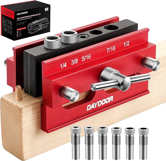 DAYDOOR 2.1" Self Centering Dowel Jig, Universal Capacity Doweling Jig & Drill Guide for Woodworking, Complete Kit with 6 Steel Bushings for Straight Holes(Red)