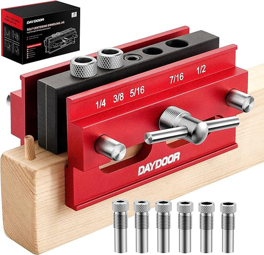 DAYDOOR 2.1" Self Centering Dowel Jig, Universal Capacity Doweling Jig & Drill Guide for Woodworking, Complete Kit with 6 Steel Bushings for Straight Holes(Red)