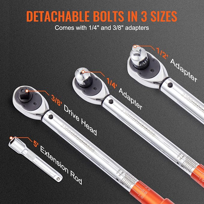 VEVOR 1/2-inch Drive Click Torque Wrench, 10-150ft.lb/14-204n.m Mechanical Dual Range Scales, Dual-Direction Adjustable with Adapters Extension Rod