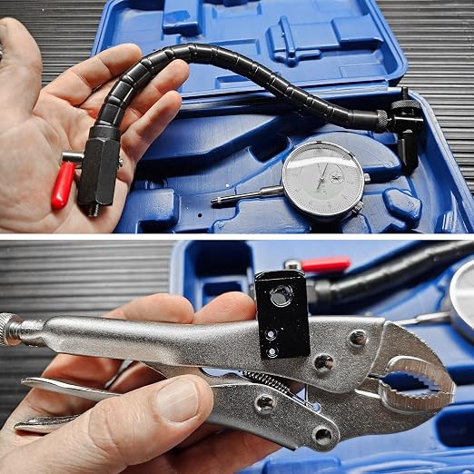 Disc Brake Rotor Ball Joint Gauge, 0-1” by 0.001” Dial Indicator, Automobile Brake Disc Flatness Runout Backlash Measuring Tool, with 13” Flexible Stem Holder & Locking Pliers