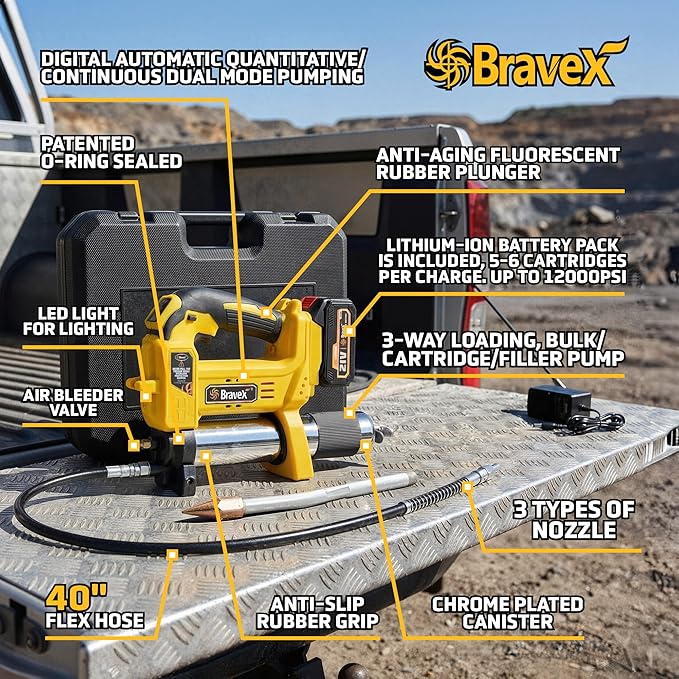 Bravex Electric Grease Gun, Battery Powered 12,000 PSI Cordless Grease Gun, 40” High Pressure Long Hose W/Quick Release Coupler Rechargeable Battery Pack