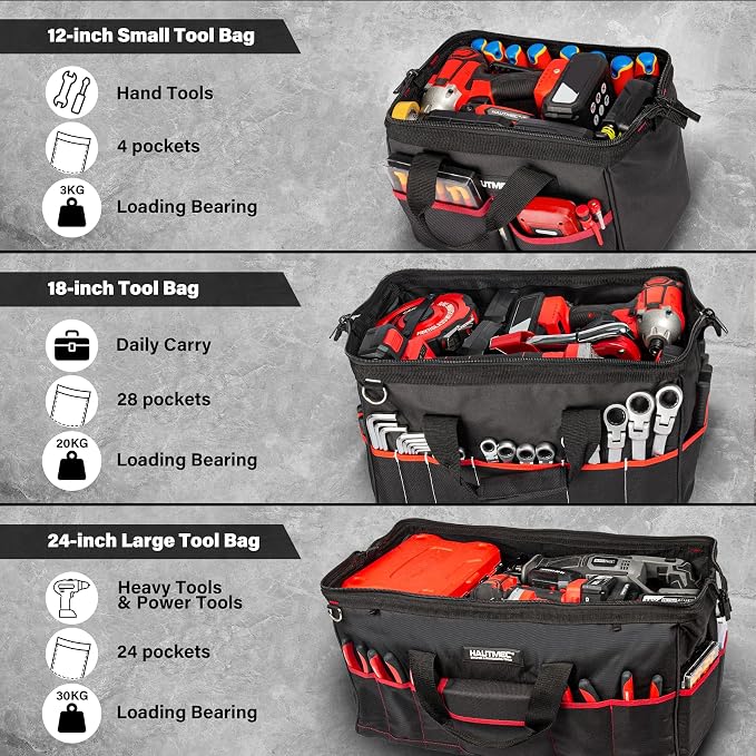 HAUTMEC 3-Piece Large Tool Bag Set (12” / 18” / 24”), Heavy-Duty 1680D Wide Mouth Tool Bag with Metal Frame, Foldable Tool Tote Bag with Non-Slip Base, Double Zippers & Padded Shoulder Strap – HT0297