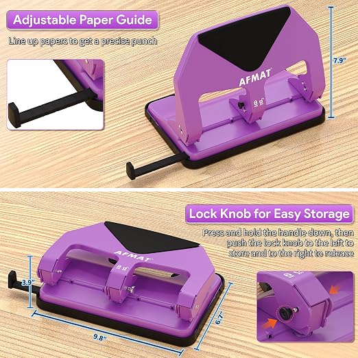 AFMAT Heavy Duty 3 Hole Punch, 50-Sheet Capacity, 50% Reduced Effort Three Hole Puncher for Binder, 10K+ Uses, Large Chip Tray, Adjustable Paper Guide, Office Metal Paper Puncher 3 Ring HP20(Purple)