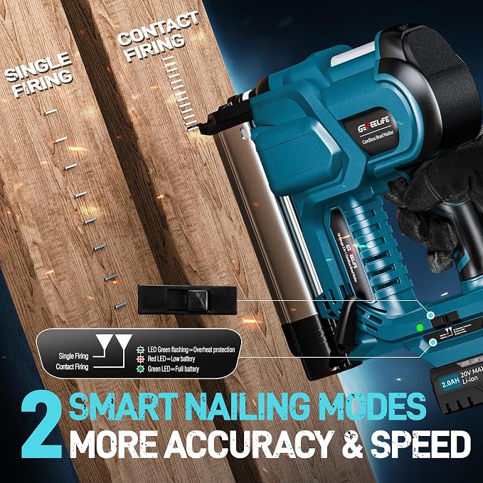 GEVEELIFE Cordless 2" Brad Nailer, 2-in-1 20V Nail Gun Cordless with 2×2.0Ah Batteries, 18GA Nail Gun & Staple Gun,1000pcs Nails, Adjustable Depth, 2 Modes for Wood Carpentry