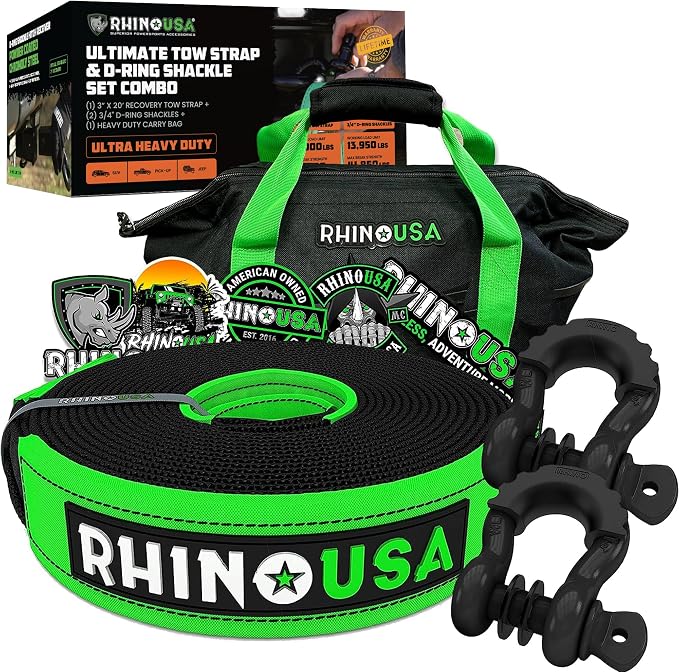 Rhino USA Heavy-Duty Recovery Gear Combos Off-Road Truck Vehicle Recovery, Best Offroad Towing Accessories - Backed for Life (20' Strap + Shackles)