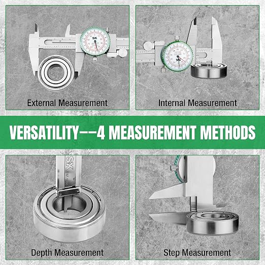SK Dial Caliper, 6-Inch/150mm Caliper Measuring Tool with Dual SAE/Metric Scale, 4 Measurement Methods Stainless Steel Calipers, ±0.001 inch/0.03mm Accuracy