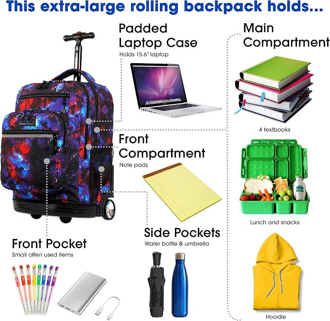 J World Sundance Laptop Rolling Backpack for Girls Boys. Roller Bookbag with Wheels, 20 Inch, Galaxy