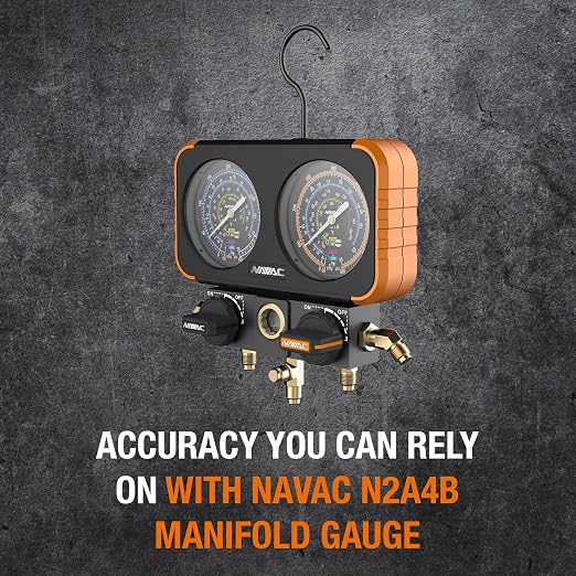 NAVAC N2A4B Manifold Gauge - Class 1.0 Accuracy, Impact-Resistant, Manifold Gauge for HVAC with Quarter-Turn Ball Valve Handles & Strengthened Folding Hook Design, Easy to Carry, Hose Not Included