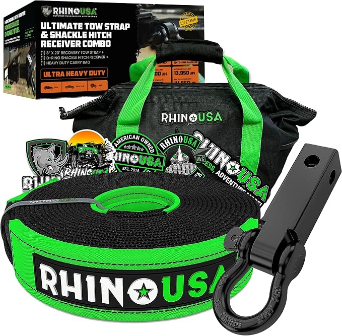 Rhino USA Heavy-Duty Recovery Gear Combos Off-Road Truck Vehicle Recovery, Best Offroad Towing Accessories - Backed for Life (20' Strap + Hitch)
