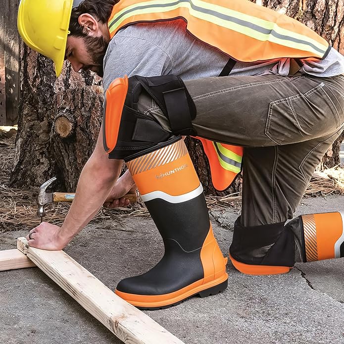 Steel Toe Rubber Boots for Men, Safety Reflective Strips, Punctrue-Proof with Steel Shank, Waterproof, Insulated 6mm Neoprene Work Boots for Farming, Manufacturing, Construction (Black/Orange, Size 6-14)