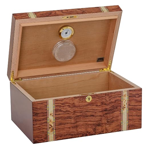 Desktop Cigar Handcrafted Bubinga Wood Mapa Burl Decorative Wood Inlay Glass Hygrometer Lock & Key Spanish Cedar Lined, Holds 75-140 Cigars (Zurich)