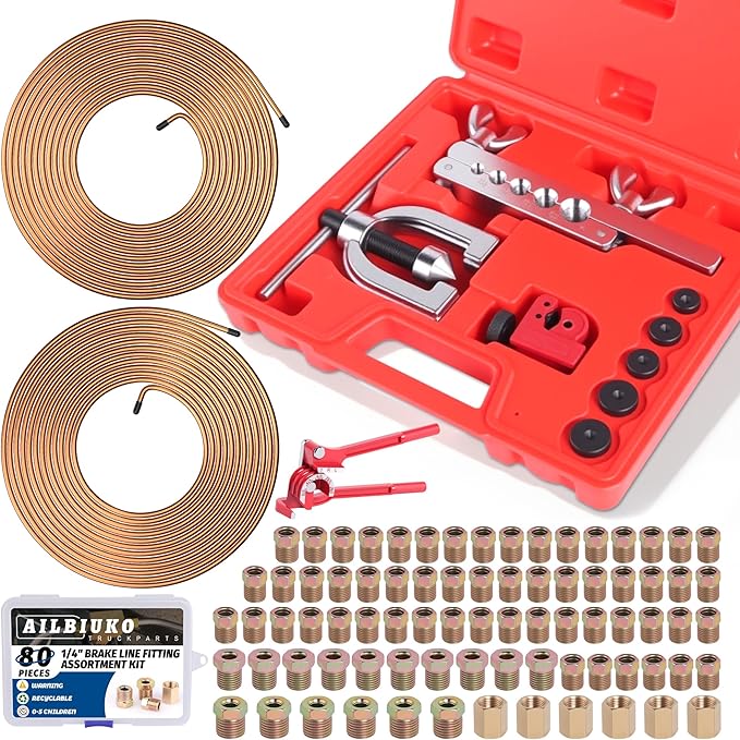 1/4" Brake Line Repair Kit, Double & Single Brake Line Flaring Tool Kit + 2 Set 25ft 1/4 Inch Brake Line with 80 Pcs Fittings(6 Unions Included) + Brake Line Bender