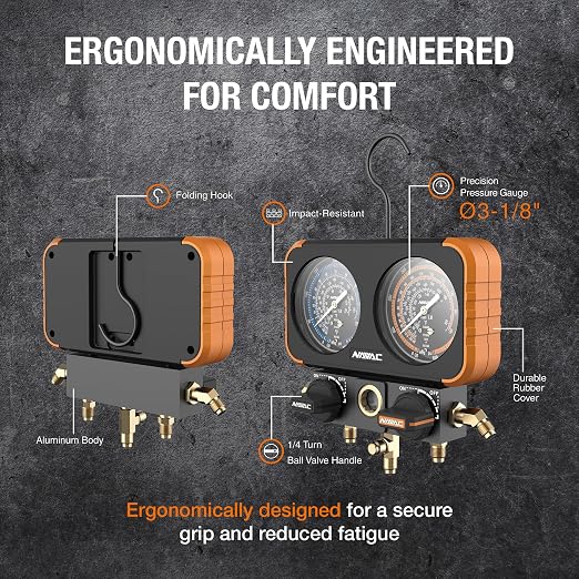 NAVAC N2A4 Manifold Gauge | Class 1.0 Accuracy | Impact-Resistant HVAC Gauge | Aluminum Body and Rubber Cover | Easy-to-Read Analog Display | Folding Hook | 1 Year Warranty