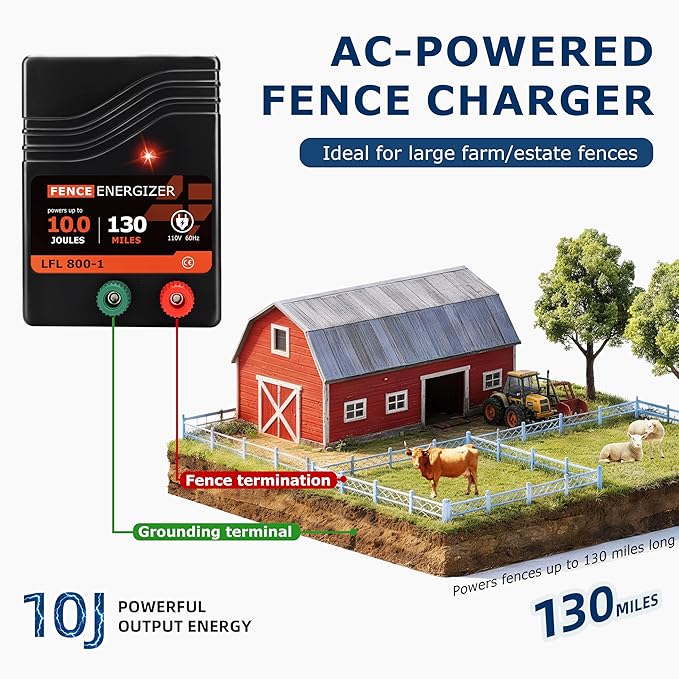 Electric Fence Charger AC Powered 110 Miles, 110 Volt 10 Joule Plug-in Electric Fence Energizer, Output Voltage Max 11.3 KV for Livestock, Preventing Predators from Intruding