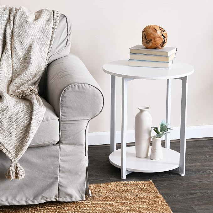 Household Essentials Round Side End Table with Storage Shelf in Scandinavian Wood Grain and Metal Frame, White