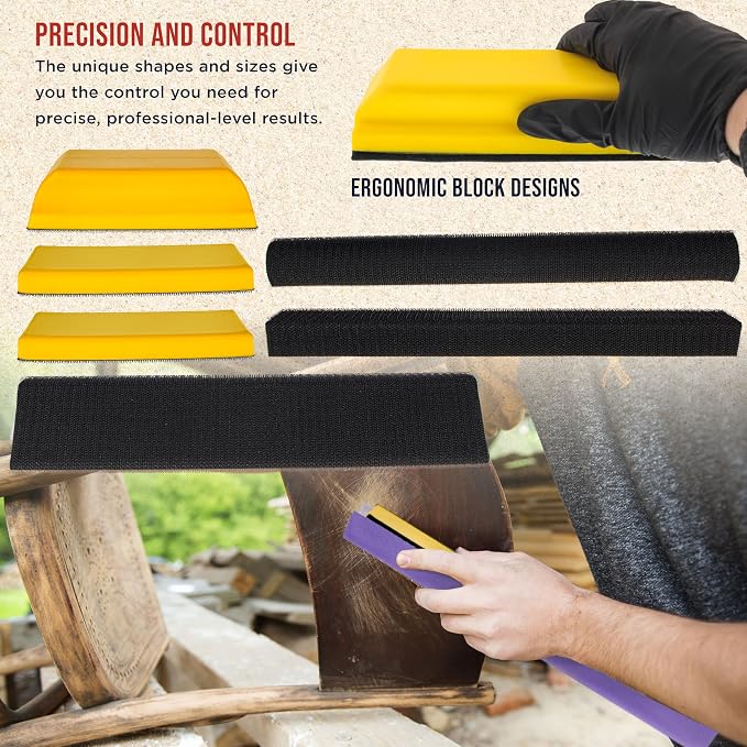 Dura-Gold 7-Piece Hand Sanding Block Set - 5" to 10-3/4" Long, Handheld Hook & Loop Sander Pads - Rectangle, Flat, Round, Curved, Contoured Shapes - Sand Wood Woodworking, Auto Body Paint & Detailing