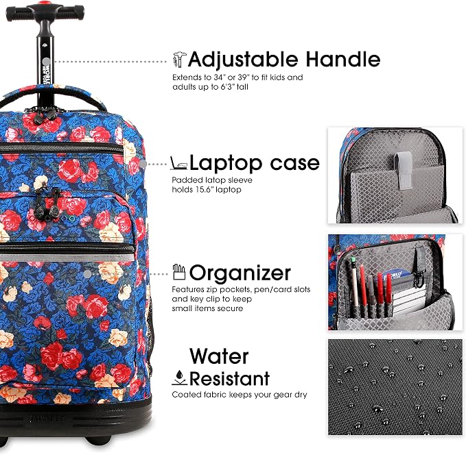 J World Sundance Laptop Rolling Backpack for Girls Boys. Roller Bookbag with Wheels, 20 Inch, Vintage Rose