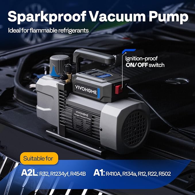 VIVOHOME 3/4 HP 7.2 CFM 2 Stage A2L HVAC Vacuum Pump, Sparkless Motor for R32 R1234yf R454B R134a R22 R410a Systems, Auto AC Vacuum Pump for Air Conditioner Resin Degassing with Oil Bottle