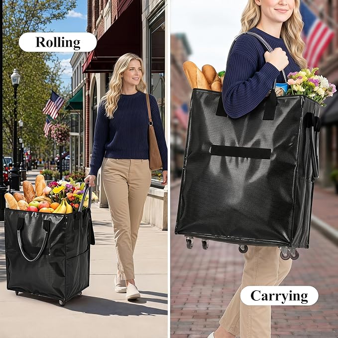 Reusable Grocery Bag on 5 Wheels, Rolling Shopping Bags with Removable Baseboard, Foldable Tote Cart for Groceries, Laundry, Organization, Moving (Black)