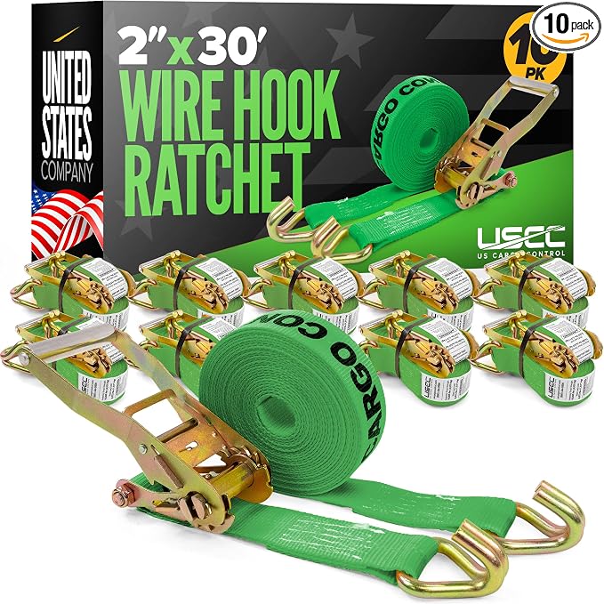 US Cargo Control Wire Hook Ratchet Straps 2 Inch x 30 Foot (10-Pack), 10,000 LBS Break Strength, Ratchet Straps Heavy Duty with Double J Hooks, Green Cargo Tie Downs for Flatbed Trailers and Trucks