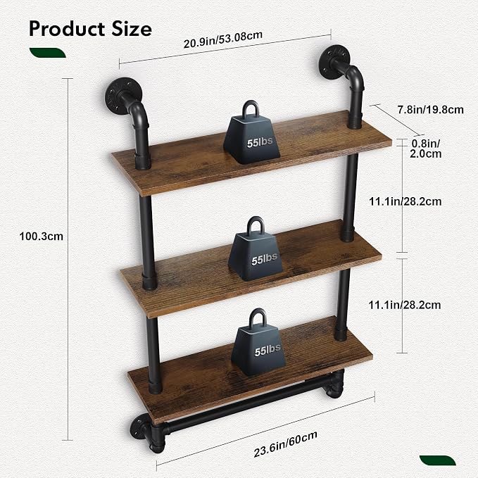 Merapi 24" Industrial Floating Shelves with Tower Bar, Pipe Shelves for Wall, 3 Tier Rustic Wood Wall Shelves for Home Décor, Bedroom, Living Room, Bathroom
