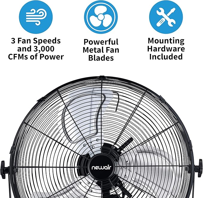 NewAir 20" High Velocity Wall Mount Fan, Heavy Duty Waterproof Outdoor Fan, Adjustable Tilt and 3 Speeds up to 4650 CFM, Pull Chain Switch | Wall Fan or Garage Fan for Indoor, Patio, Gym or Porch
