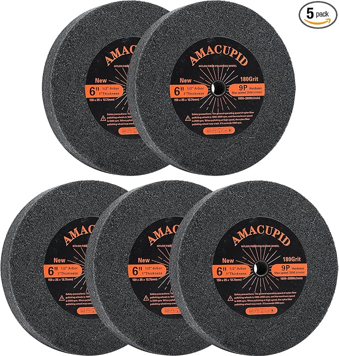 Deburring Wheels Nylon Fiber Buffing Wheel 6 inch 9P Hardness 5 pcs. Polishing Stainless Steel, etc. Silicon Carbide Abrasive. For Bench Grinder Polishing Machine. 1/2 inch Arbor, 180 Grit