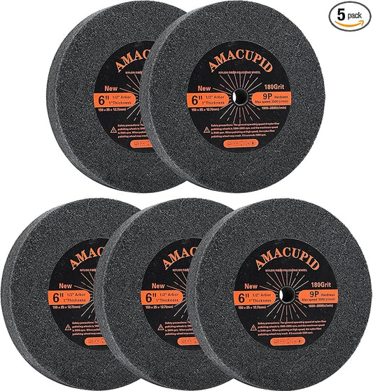Deburring Wheels Nylon Fiber Buffing Wheel 6 inch 9P Hardness 5 pcs. Polishing Stainless Steel, etc. Silicon Carbide Abrasive. For Bench Grinder Polishing Machine. 1/2 inch Arbor, 180 Grit