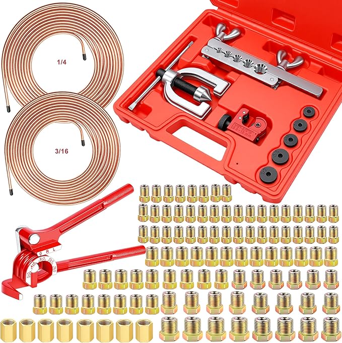 smseace 112Pack 3/16 Inch+1/4 Inch Brake Line Flaring Tool Kit Include 25 FT Copper-Plated Brake Line Kit with 94pcs Fittings,8pcs Union,Tubing Bender,Double & Single Flare Tool,Cutter