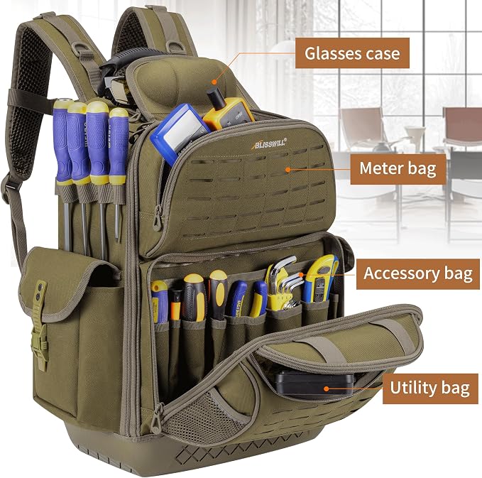 BLISSWILL Tool Bag Backpack for men,Heavy Duty Tool Backpack Bag with Waterproof Molded Base，62 Pockets/40 Loops Heavy Duty Tools Organizer Bags/Electrician/Industrial/Construction Work Backpack