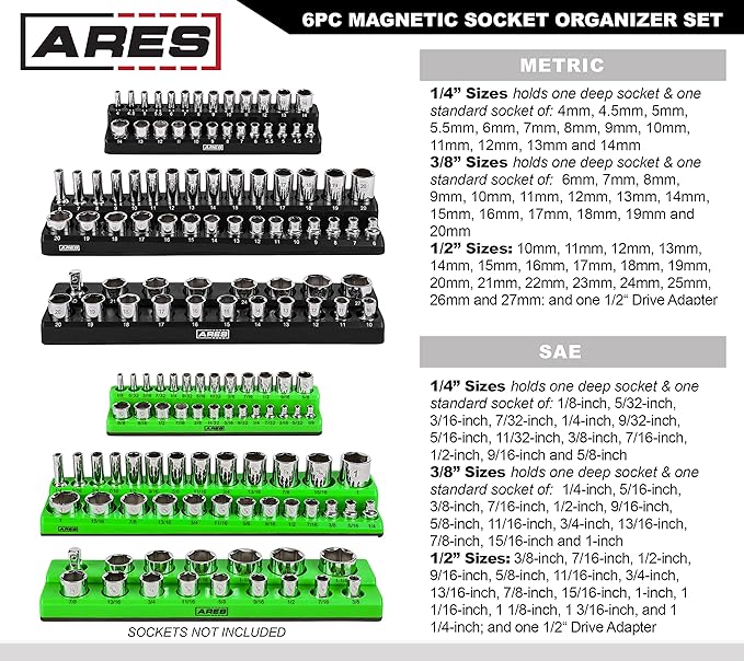 ARES 60160 - Magnetic Socket Organizer, 6-Piece Metric & SAE, 143 Sockets | Fits 1/4 in, 3/8 in, 1/2 in Drive