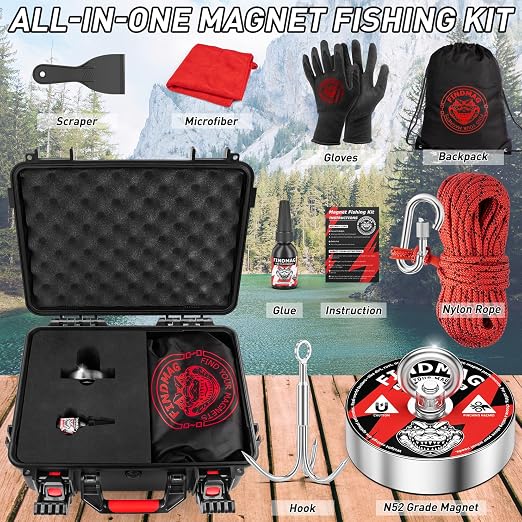 FINDMAG Magnet Fishing Kit 3000LBS – 4.72" N52 Neodymium Magnet, 10PCS Treasure Hunting Set with 65FT Rope, Hook, Case, Gloves, Scraper for River & Lake Retrieval