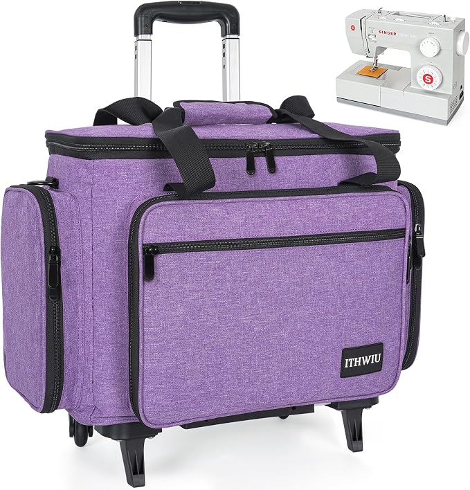 Sewing Machine Case with Wheels, Universal Rolling Trolley Tote with Shoulder Strap & Multiple Storage Pockets Compatible with Most Standard Singer, Brother, Janome,Purple