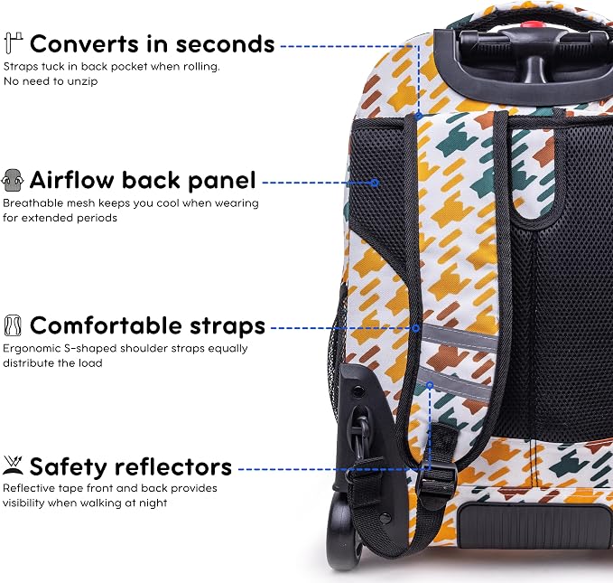 J World Sundance Laptop Rolling Backpack for Girls Boys. Roller Bookbag with Wheels, 20 Inch, Vivid Tweed