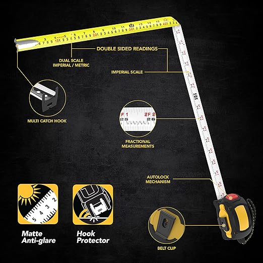 LEXIVON 25Ft/7.5m AutoLock Tape Measure | 1-Inch Wide Blade with Nylon Coating, Matte Finish White & Yellow Dual Sided Rule Print | Ft/Inch/Fractions/Metric (LX-205)