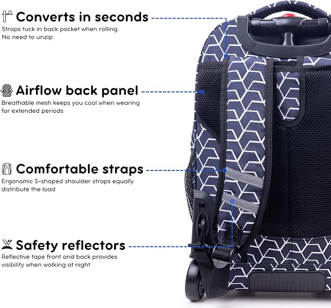J World Sundance Laptop Rolling Backpack for Girls Boys. Roller Bookbag with Wheels, 20 Inch, Line